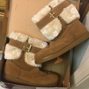 Camel Color Faux Fur-Lined Boots with Gold Buckle